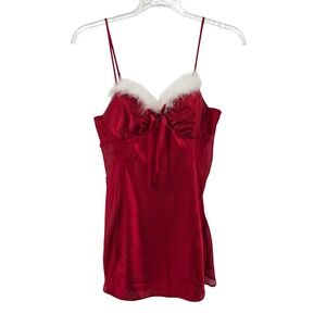 Enchanting Red Satin Faux Fur Trim Babydoll Chemise Lingerie Medium Holiday